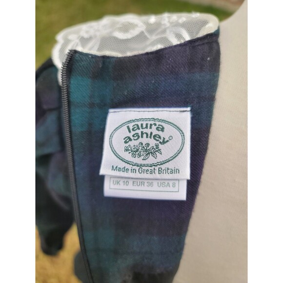 Laura Ashley Vintage Drop Waist Dress Size 8 Blue Green Plaid Tartan Wool Lace - Picture 7 of 9